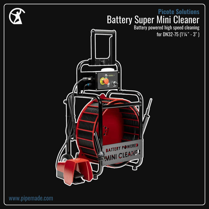 Informative Product image of Battery Super Mini Cleaner manufactured by Picote Solutions | Drain Cleaning and Plumber Tool Store Pipemade.com