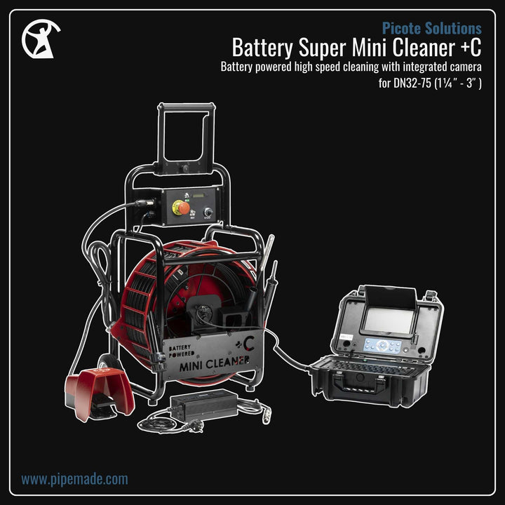 Informative Product image of Battery Super Mini Cleaner +C manufactured by Picote Solutions | Drain Cleaning and Plumber Tool Store Pipemade.com