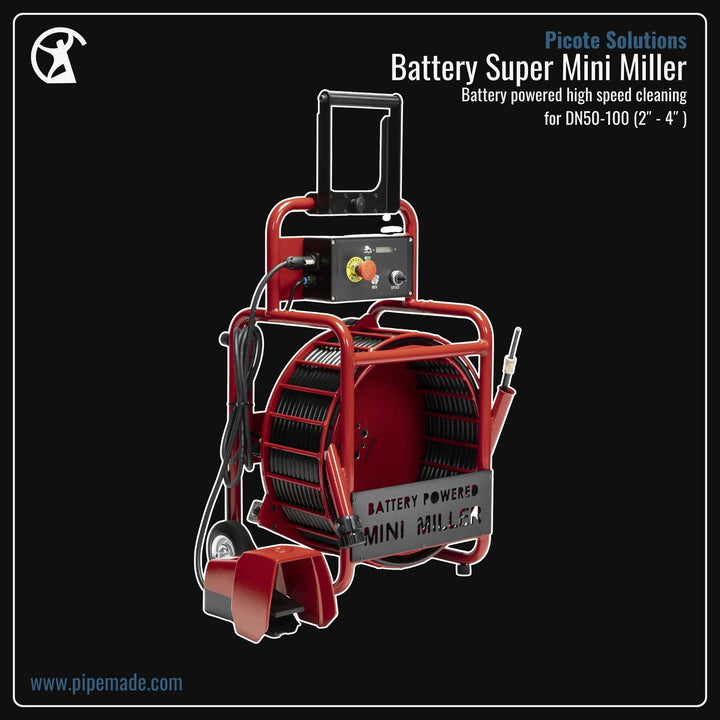 Informative Product image of Battery Super Mini Miller manufactured by Picote Solutions | Drain Cleaning and Plumber Tool Store Pipemade.com