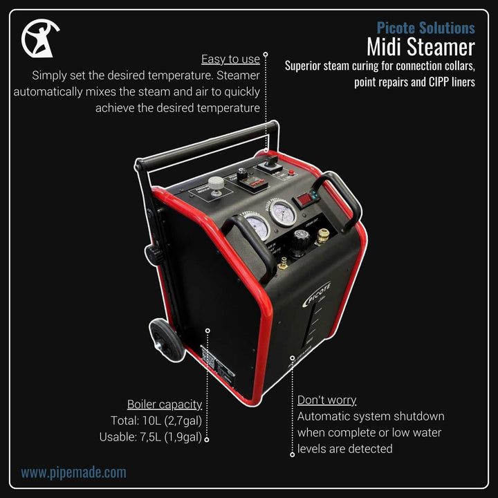 Informative Product image of Midi Steamer manufactured by Picote Solutions | Drain Cleaning and Plumber Tool Store Pipemade.com