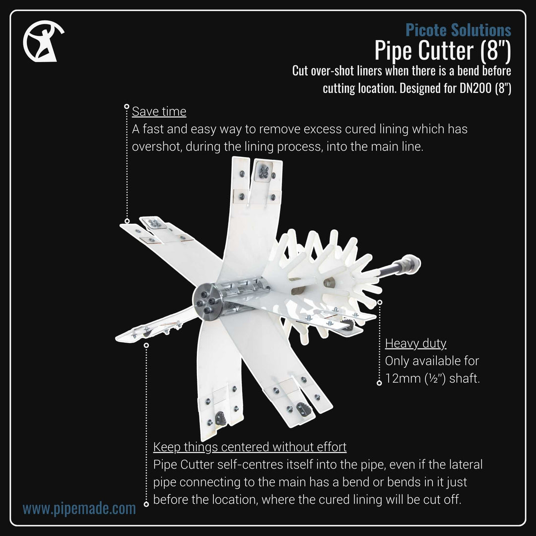 Informative Product image of Pipe Cutter DN200 (8″) manufactured by Picote Solutions | Drain Cleaning and Plumber Tool Store Pipemade.com