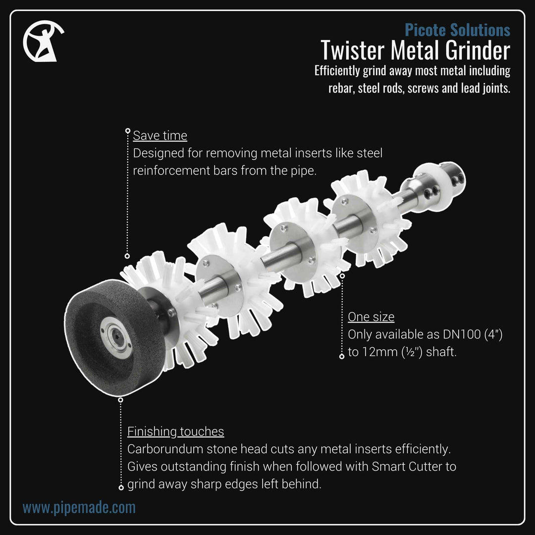 Informative Product image of Twister Metal Grinder manufactured by Picote Solutions | Drain Cleaning and Plumber Tool Store Pipemade.com