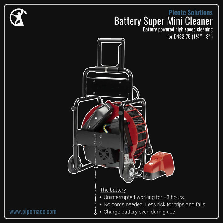 Informative Product image of Battery Super Mini Cleaner manufactured by Picote Solutions | Drain Cleaning and Plumber Tool Store Pipemade.com