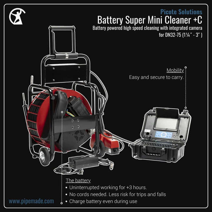 Informative Product image of Battery Super Mini Cleaner +C manufactured by Picote Solutions | Drain Cleaning and Plumber Tool Store Pipemade.com