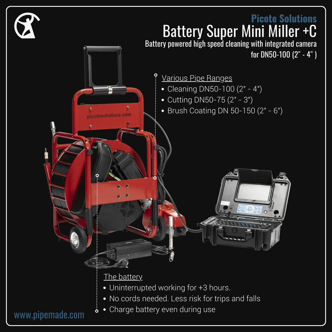 Informative Product image of Battery Super Mini Miller +C manufactured by Picote Solutions | Drain Cleaning and Plumber Tool Store Pipemade.com