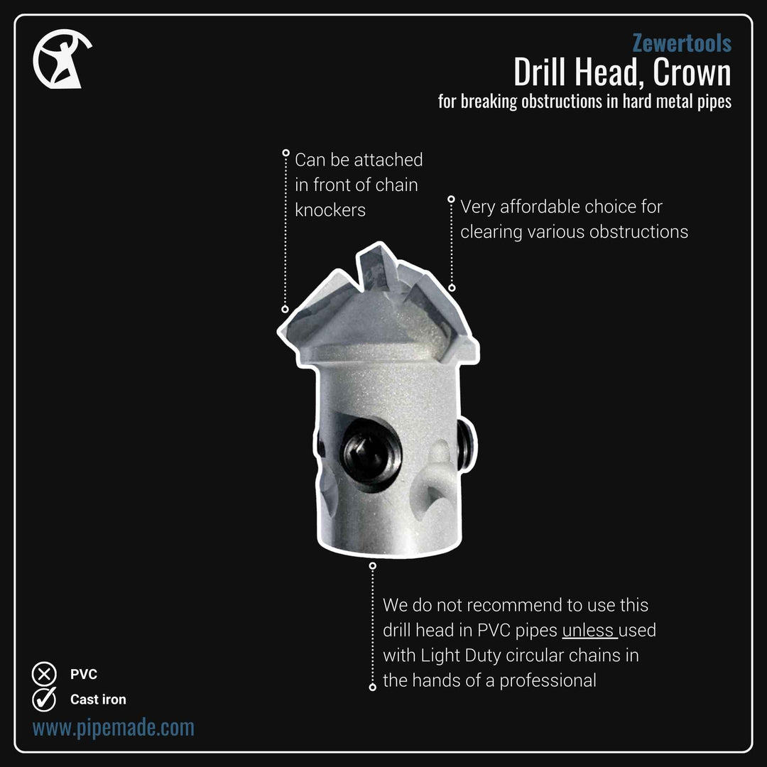 Informative Product image of Drill Head, Crown manufactured by Zewer | Drain Cleaning and Plumber Tool Store Pipemade.com