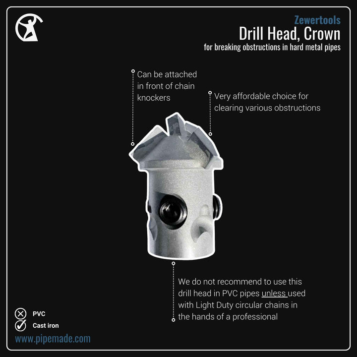 Informative Product image of Drill Head, Crown manufactured by Zewer | Drain Cleaning and Plumber Tool Store Pipemade.com