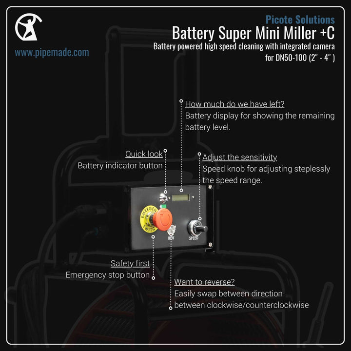 Informative Product image of Battery Super Mini Miller +C manufactured by Picote Solutions | Drain Cleaning and Plumber Tool Store Pipemade.com