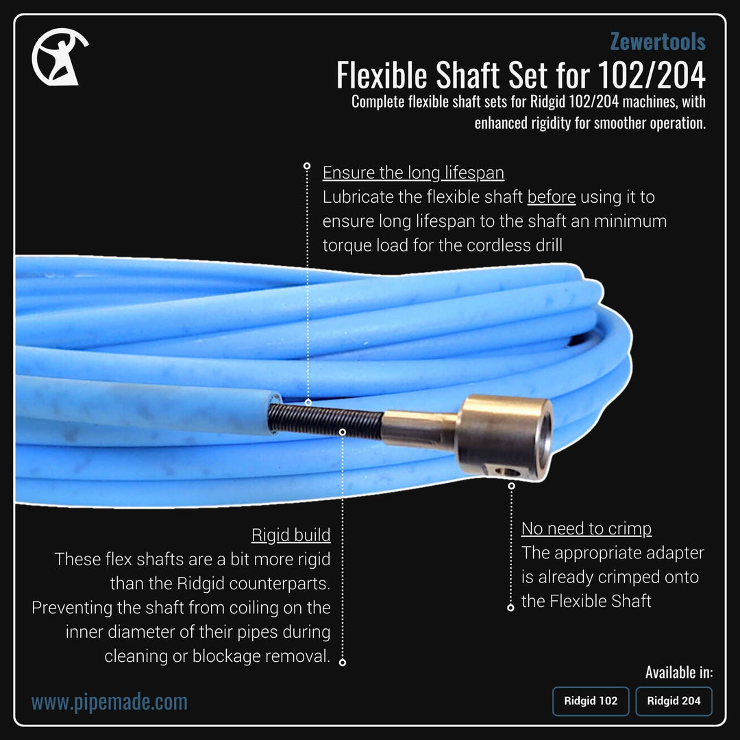 Informative Product image of Flexible Shaft Set for 102/204 manufactured by Zewer | Drain Cleaning and Plumber Tool Store Pipemade.com