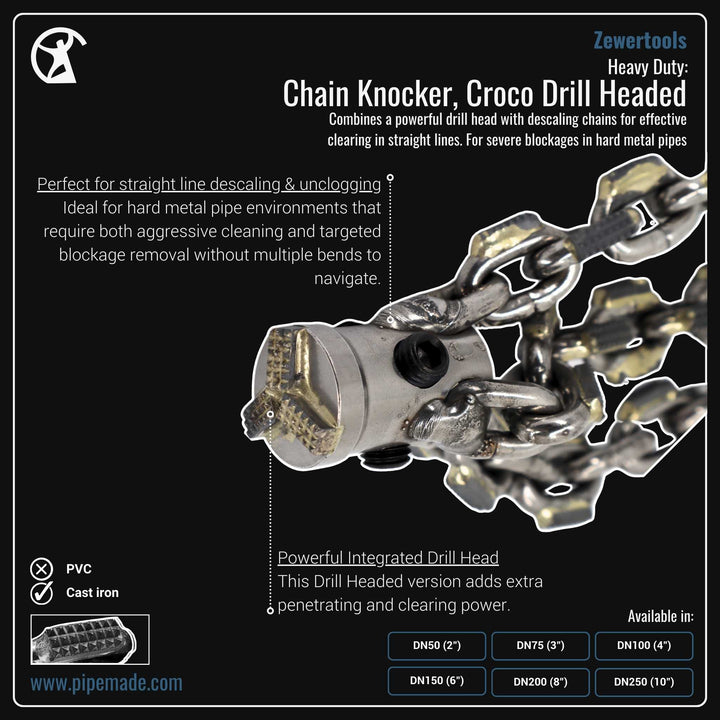 Informative Product image of Heavy Duty: Chain Knocker, Croco Drill Headed manufactured by Zewer | Drain Cleaning and Plumber Tool Store Pipemade.com