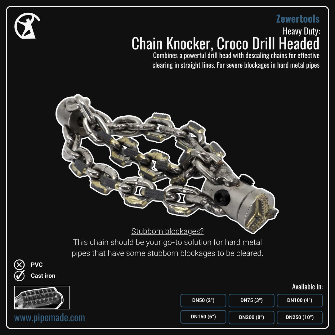 Informative Product image of Heavy Duty: Chain Knocker, Croco Drill Headed manufactured by Zewer | Drain Cleaning and Plumber Tool Store Pipemade.com