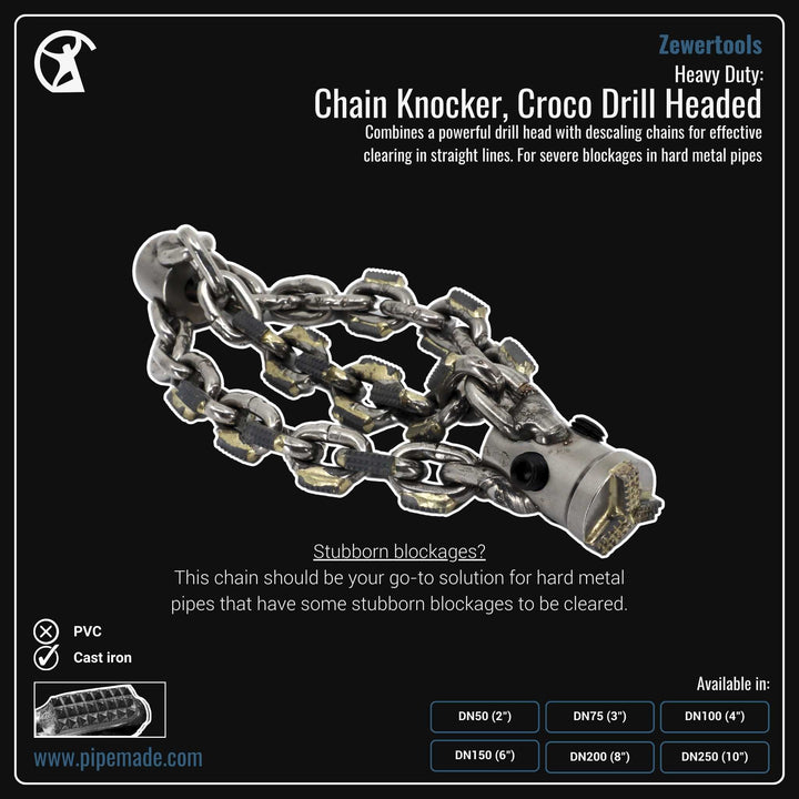 Informative Product image of Heavy Duty: Chain Knocker, Croco Drill Headed manufactured by Zewer | Drain Cleaning and Plumber Tool Store Pipemade.com