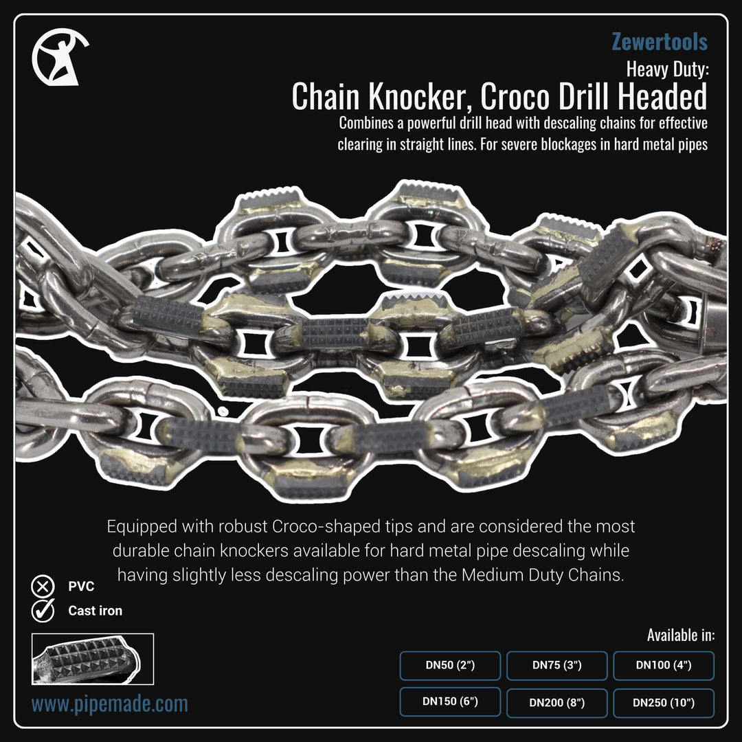 Informative Product image of Heavy Duty: Chain Knocker, Croco Drill Headed manufactured by Zewer | Drain Cleaning and Plumber Tool Store Pipemade.com