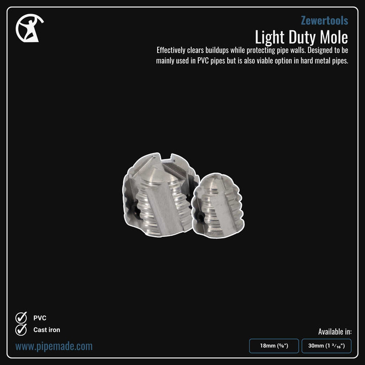 Informative Product image of Light Duty Mole manufactured by Zewer | Drain Cleaning and Plumber Tool Store Pipemade.com