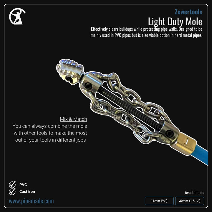 Informative Product image of Light Duty Mole manufactured by Zewer | Drain Cleaning and Plumber Tool Store Pipemade.com