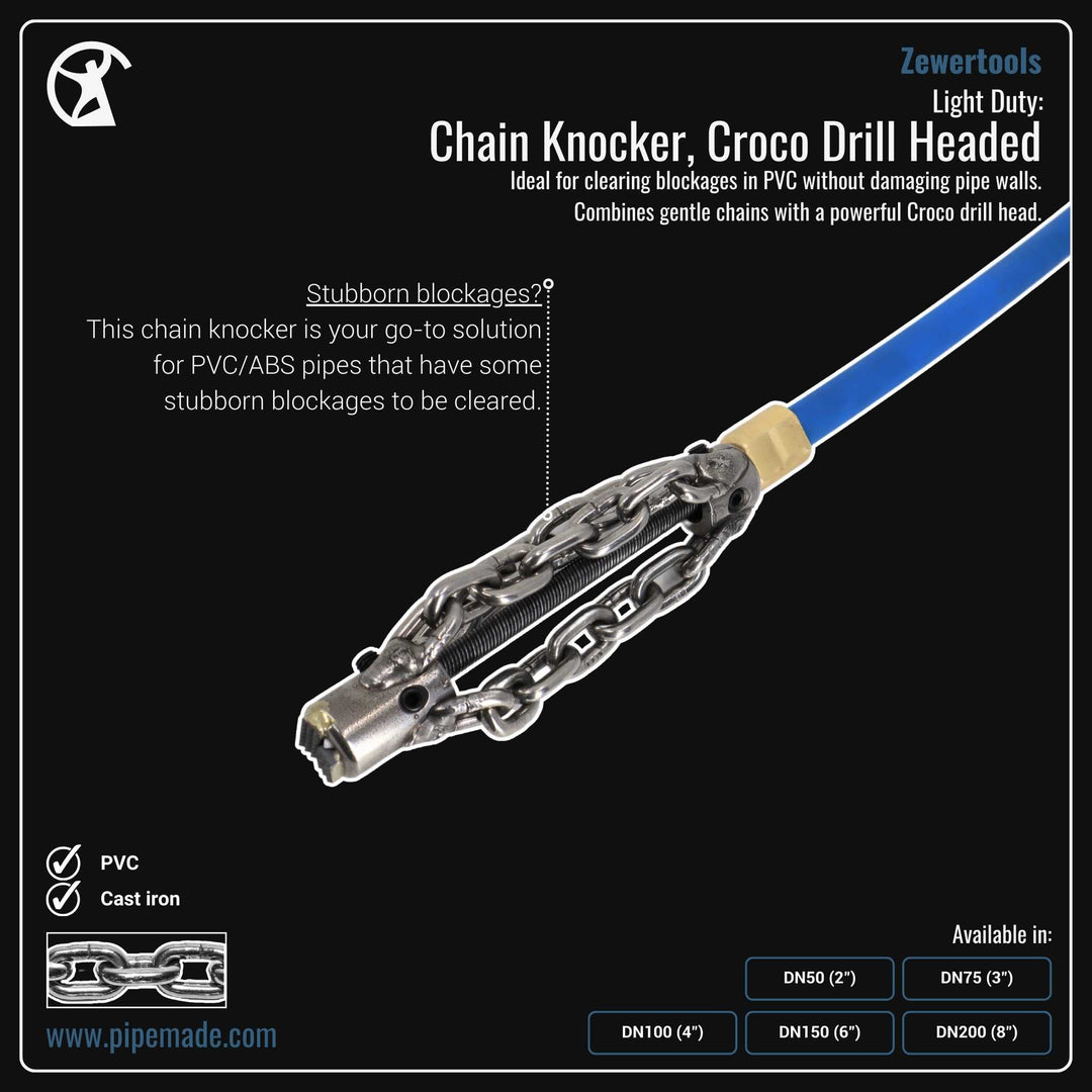 Informative Product image of Light Duty: Chain Knocker, Croco Drill Headed manufactured by Zewer | Drain Cleaning and Plumber Tool Store Pipemade.com