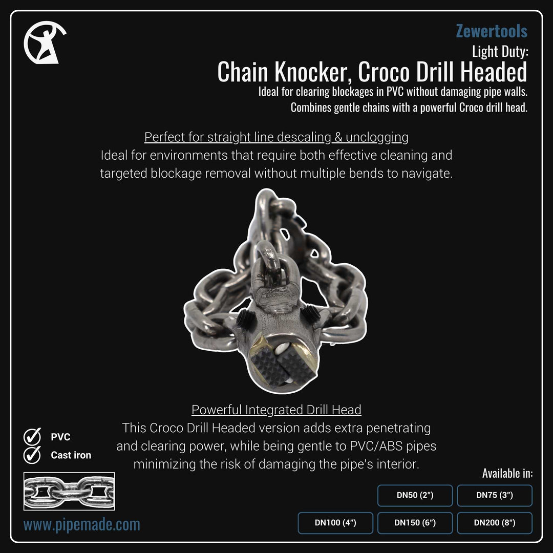 Informative Product image of Light Duty: Chain Knocker, Croco Drill Headed manufactured by Zewer | Drain Cleaning and Plumber Tool Store Pipemade.com