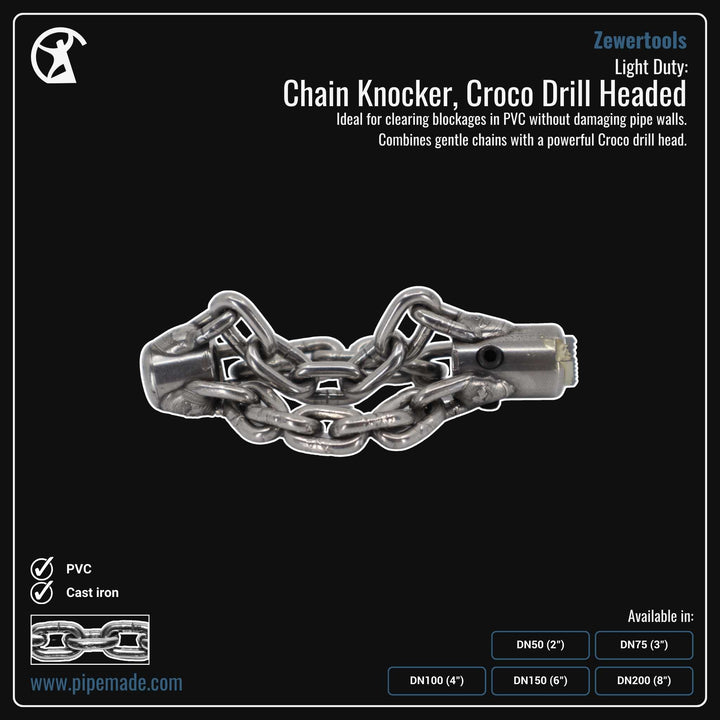 Informative Product image of Light Duty: Chain Knocker, Croco Drill Headed manufactured by Zewer | Drain Cleaning and Plumber Tool Store Pipemade.com