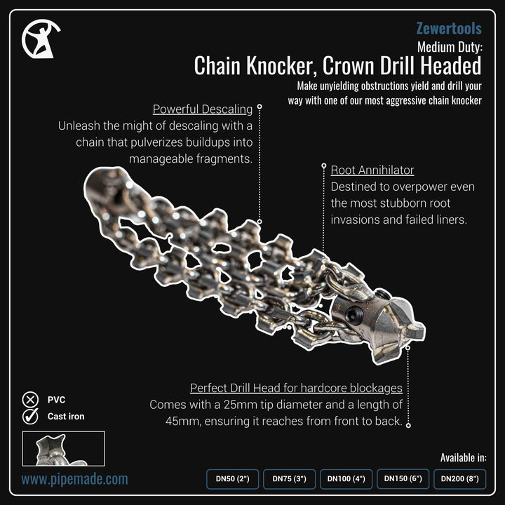 Informative Product image of Medium Duty: Chain Knocker, Crown Drill Headed manufactured by Zewer | Drain Cleaning and Plumber Tool Store Pipemade.com