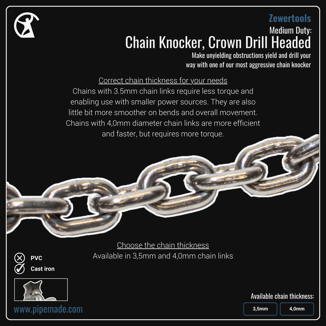 Informative Product image of Medium Duty: Chain Knocker, Crown Drill Headed manufactured by Zewer | Drain Cleaning and Plumber Tool Store Pipemade.com