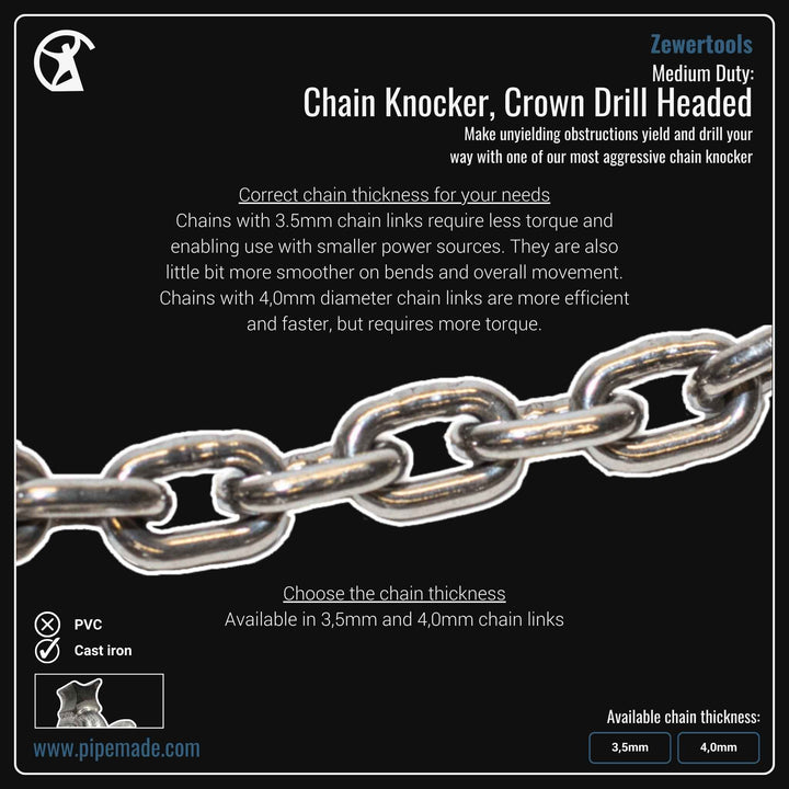 Informative Product image of Medium Duty: Chain Knocker, Crown Drill Headed manufactured by Zewer | Drain Cleaning and Plumber Tool Store Pipemade.com