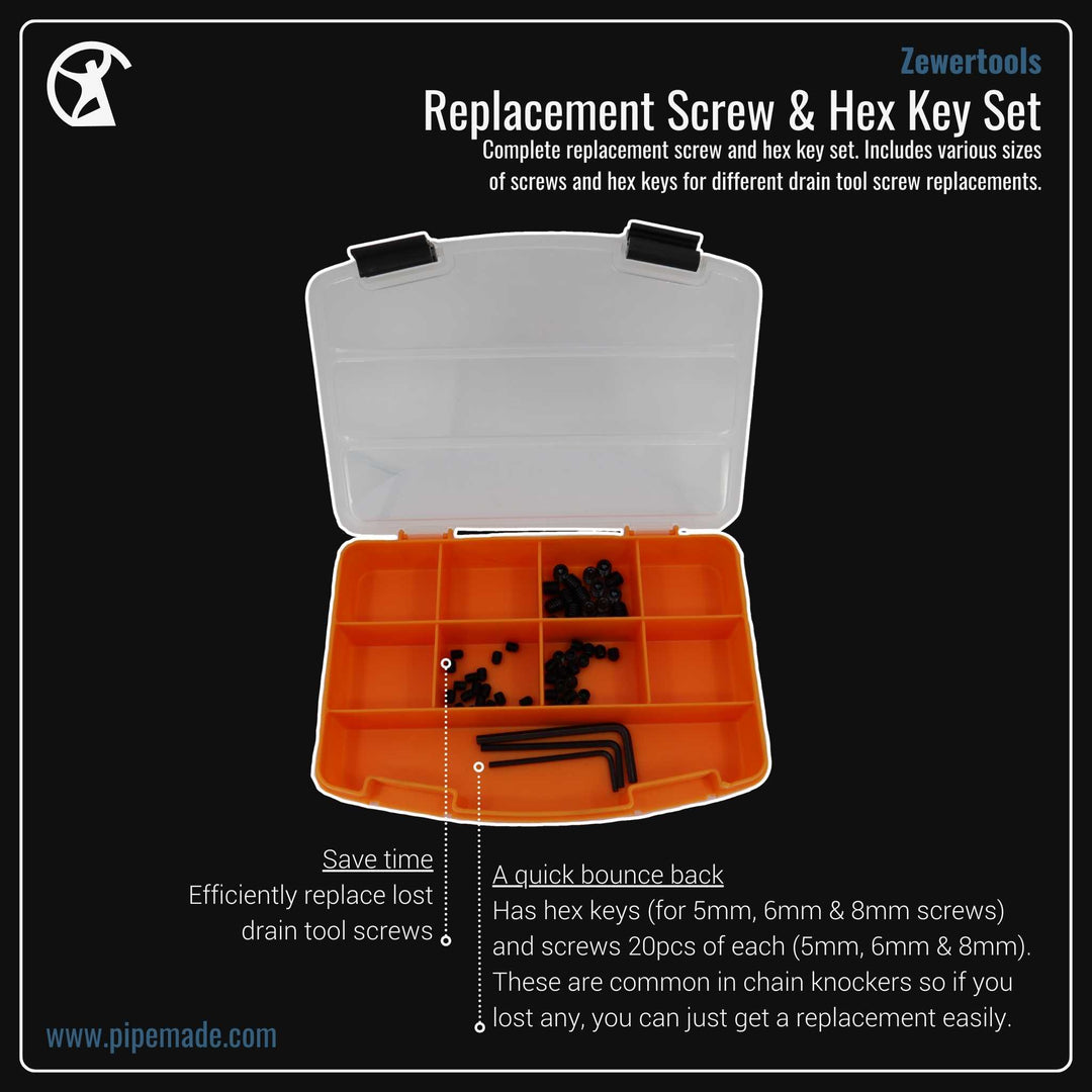 Informative Product image of Replacement Screw & Hex Key Set manufactured by Zewer | Drain Cleaning and Plumber Tool Store Pipemade.com