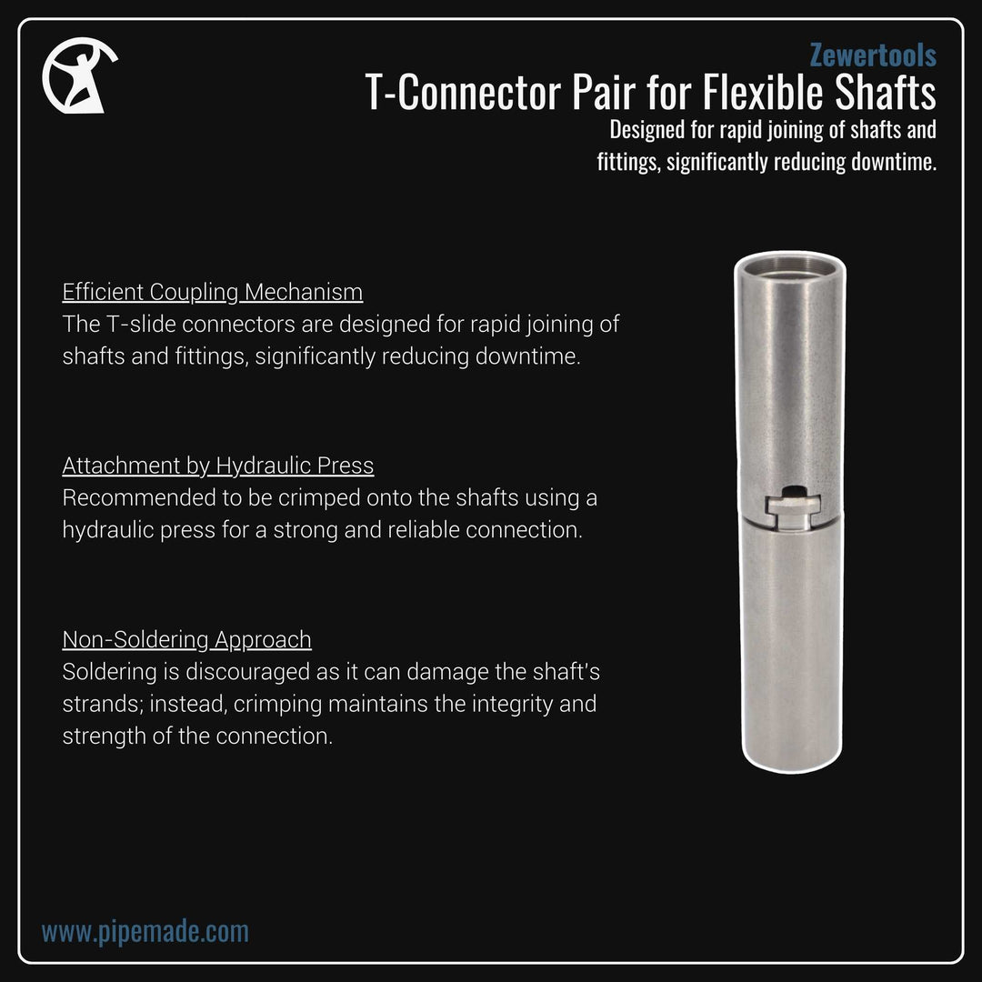 Informative Product image of T-Connector Pair for Flexible Shafts (Male & Female) manufactured by Zewer | Drain Cleaning and Plumber Tool Store Pipemade.com